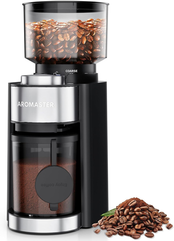 Conical Burr Coffee Grinder with 25 Settings and Timer, Black