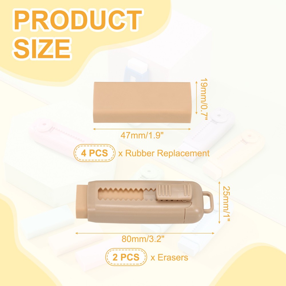 2+4Pack Erasers, Sliding Retractable Eraser Push Pull Pencil Eraser, Light Brown
