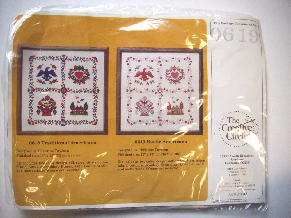 Rustic American sampler embroidery kit Eagle flowers heart house