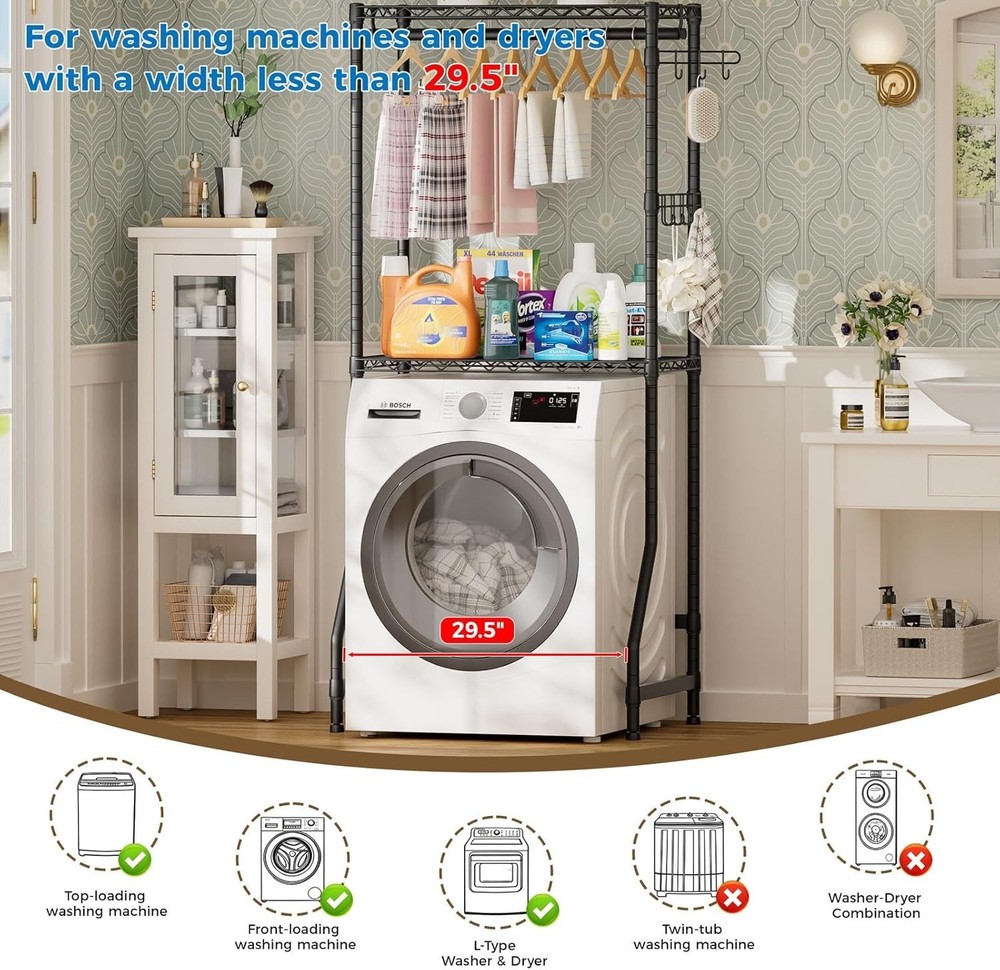 Adjustable 2-Tier Over Washer Shelves - Space-Saving Laundry Organizer in Black