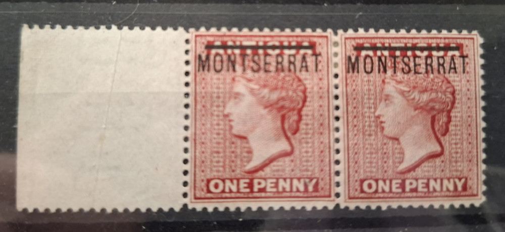 Montserrat 1876/83 1d red left marginal pair, hinged mint