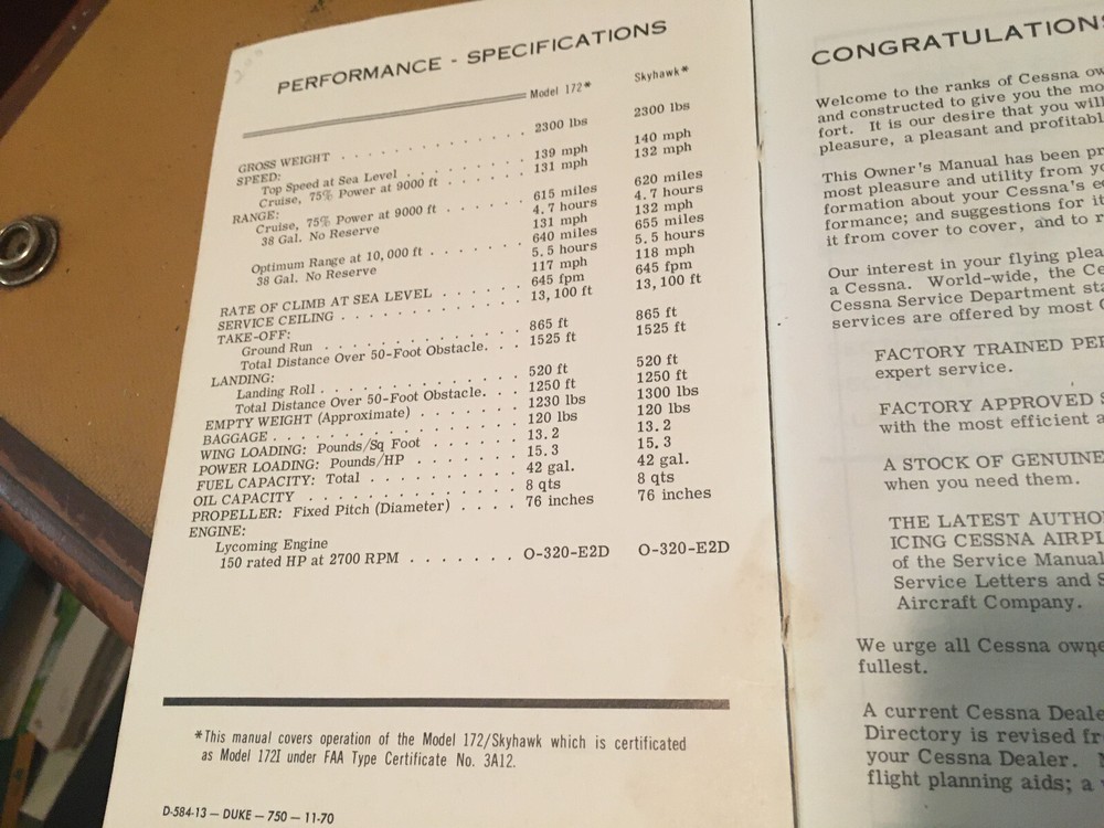 1968 Cessna 172 Owner's Manual