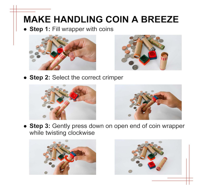 60 Assorted Coin Roll Wrappers Crimping Tool Set Color Coded for Quarters, Dimes