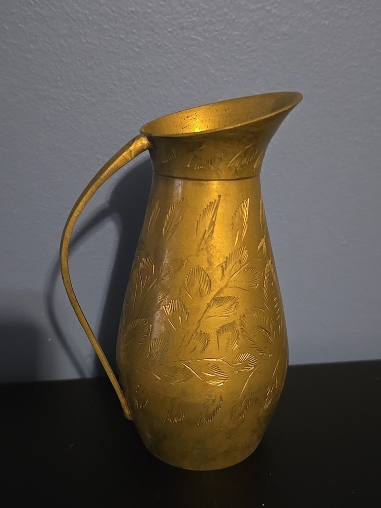Solid Brass Bud Vase Pitcher Etched Leaves Leaf Design Made in India