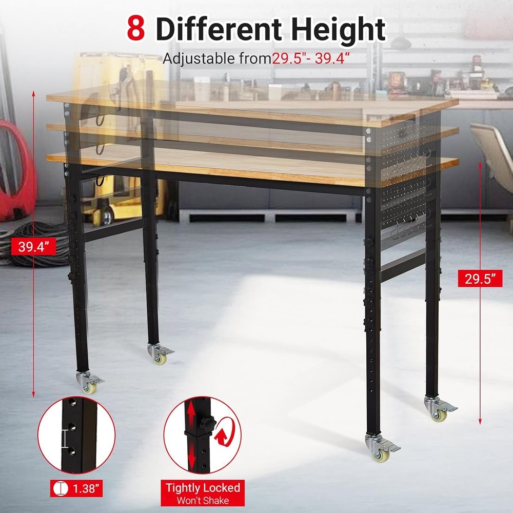 60" ×24'' Adjustable Workbench,Rolling Heavy-Duty Worktable with Power Outlet