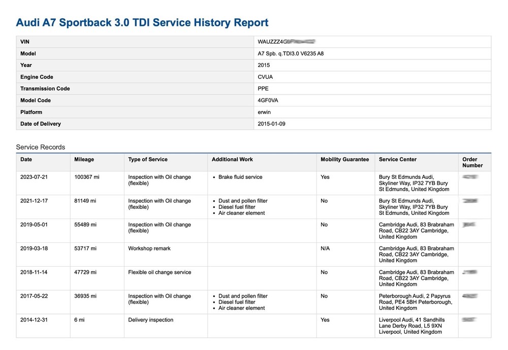 Audi Service History Records (Service Report)
