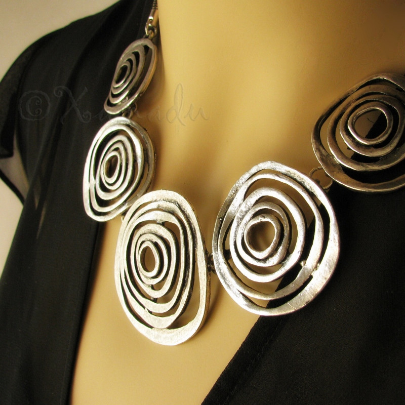 Silver Concentric Circles Statement Necklace - Artisan Crafted Silver Necklace