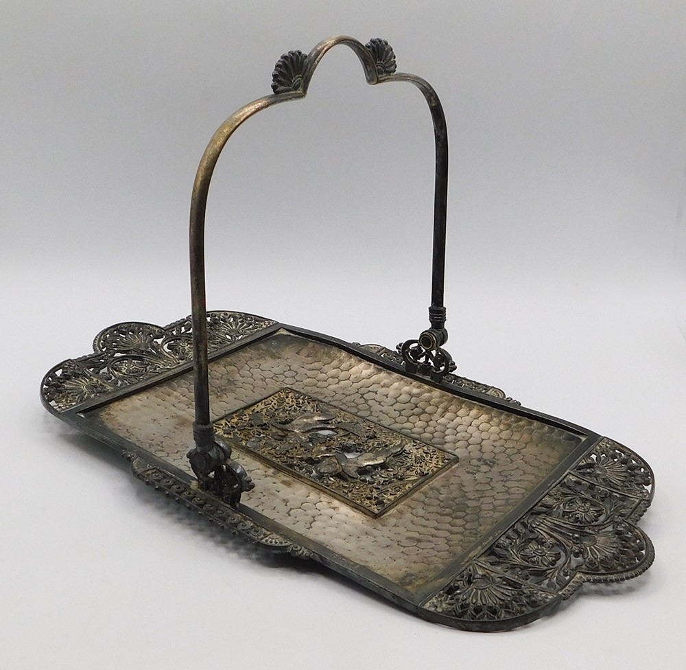 Vintage Large Silver Plated Rectangular Handled Tray w Ornate Cherub Tree Floral