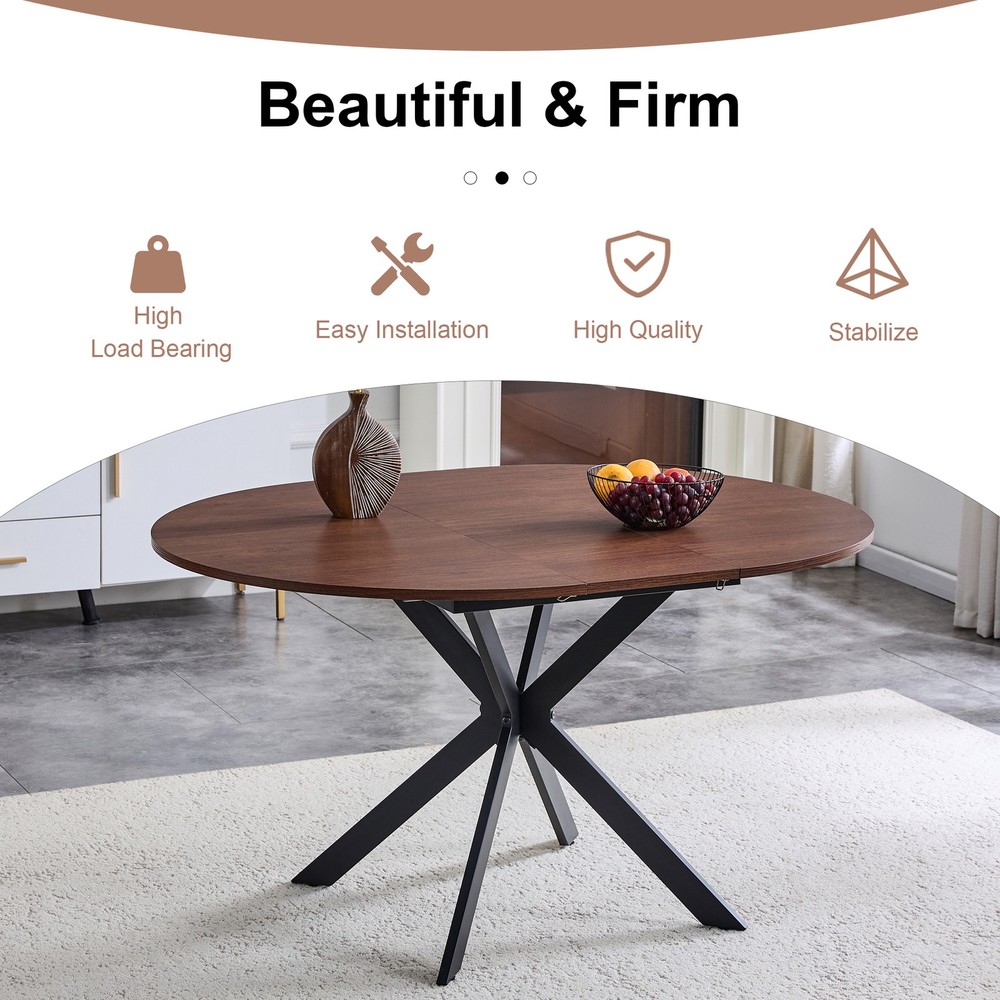 Extendable Round Dining Table - Space-Saving Dining Table with Sturdy Metal L