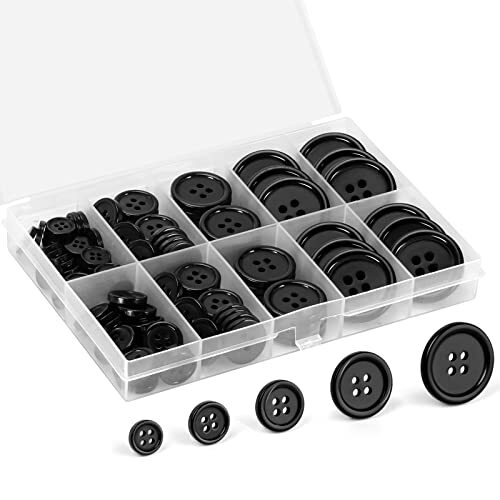 110PCS Premium Black Buttons with Compartment Box,  5 Perfect Sizes Mixed