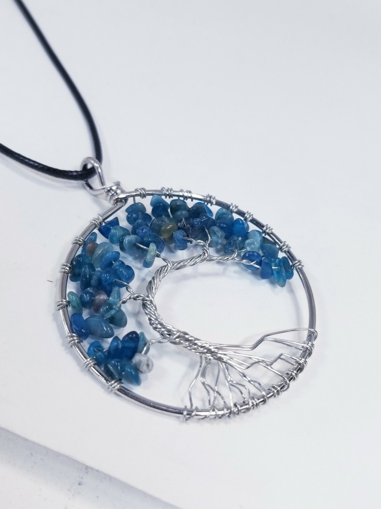 BLUE BEADED 2" WIRE TREE PENDANT 16" NECKLACE