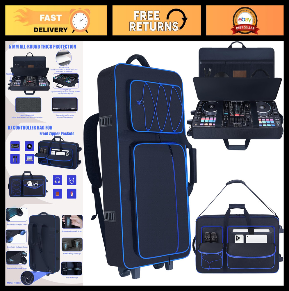DJ Controller Case with Wheels, Soft Padded Backpack, Multi-Pocket for DJ Gear