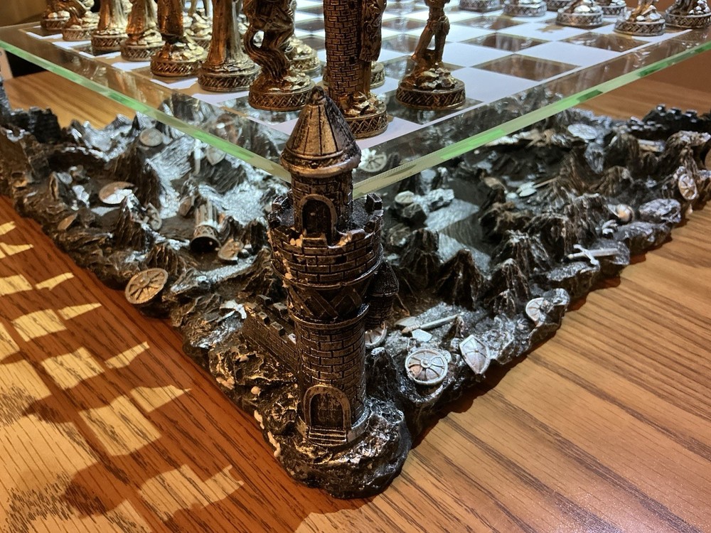 Medieval Knight Chess Set with Castle Platform & Glass Board