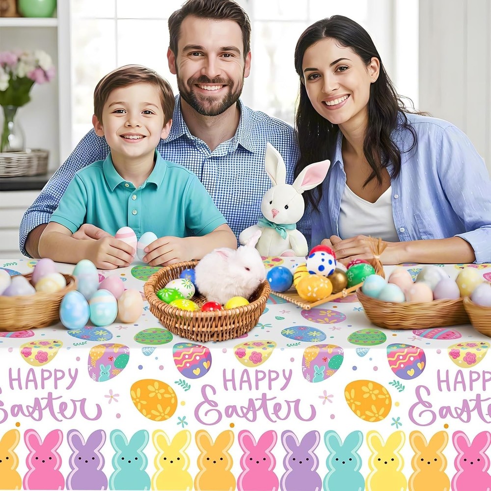 2 Pcs Happy Easter Table Cloth - Plastic Bunny Eggs Tablecloth, Disposable Re...