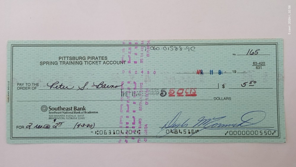 1980 Pirates (Spring Training Check) Bradenton, FL - Peter S. Barno #165