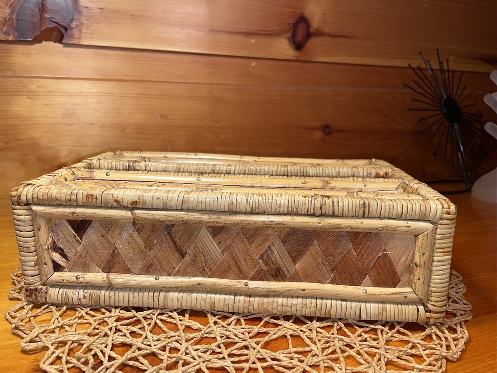 Vintage Tissue Box Cover Holder Bamboo Rattan Wicker Coastal Boho Rectangular