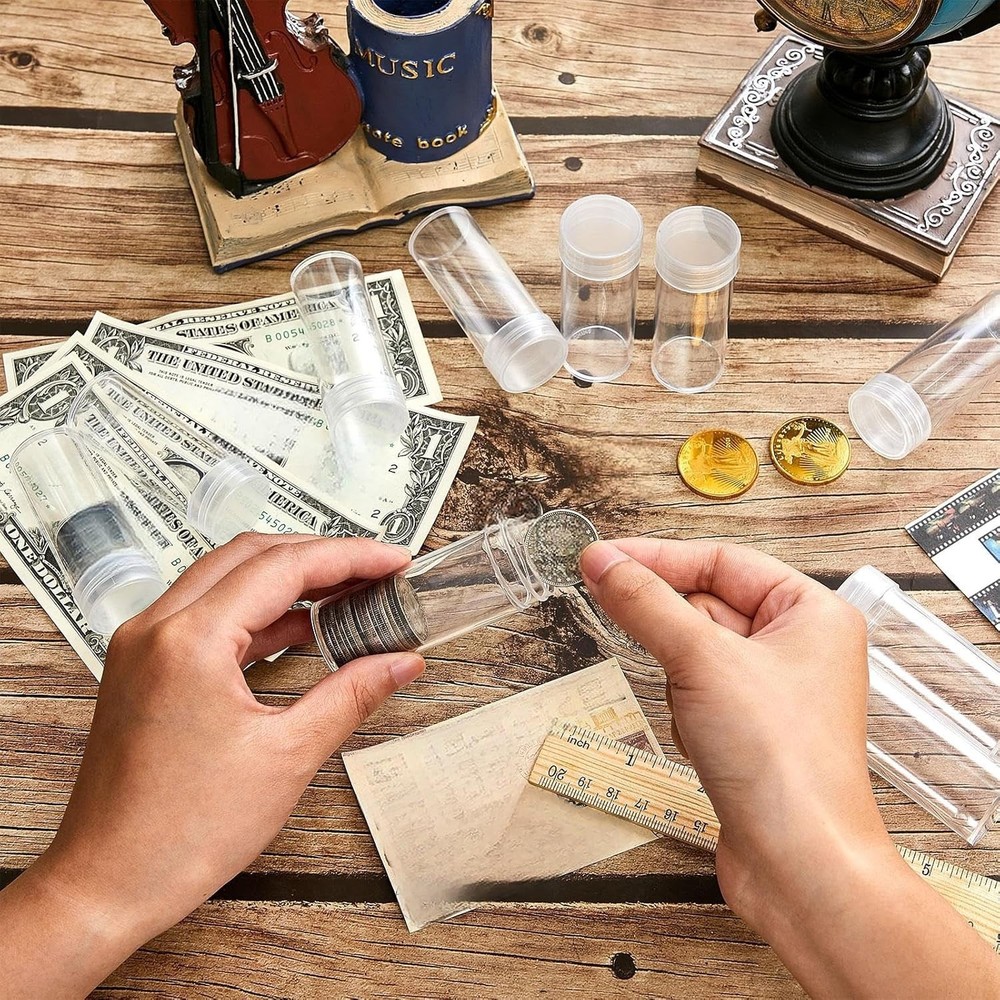 30 Pack Clear Plastic Coin Storage Tubes with Rotatable Lids