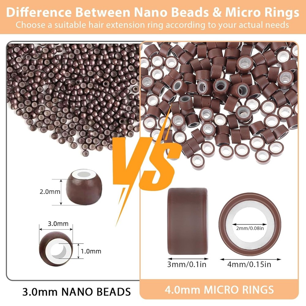 200Pcs Micro Beads for Hair Extensions with Hook Needle Tool Kit (Dark Brown)
