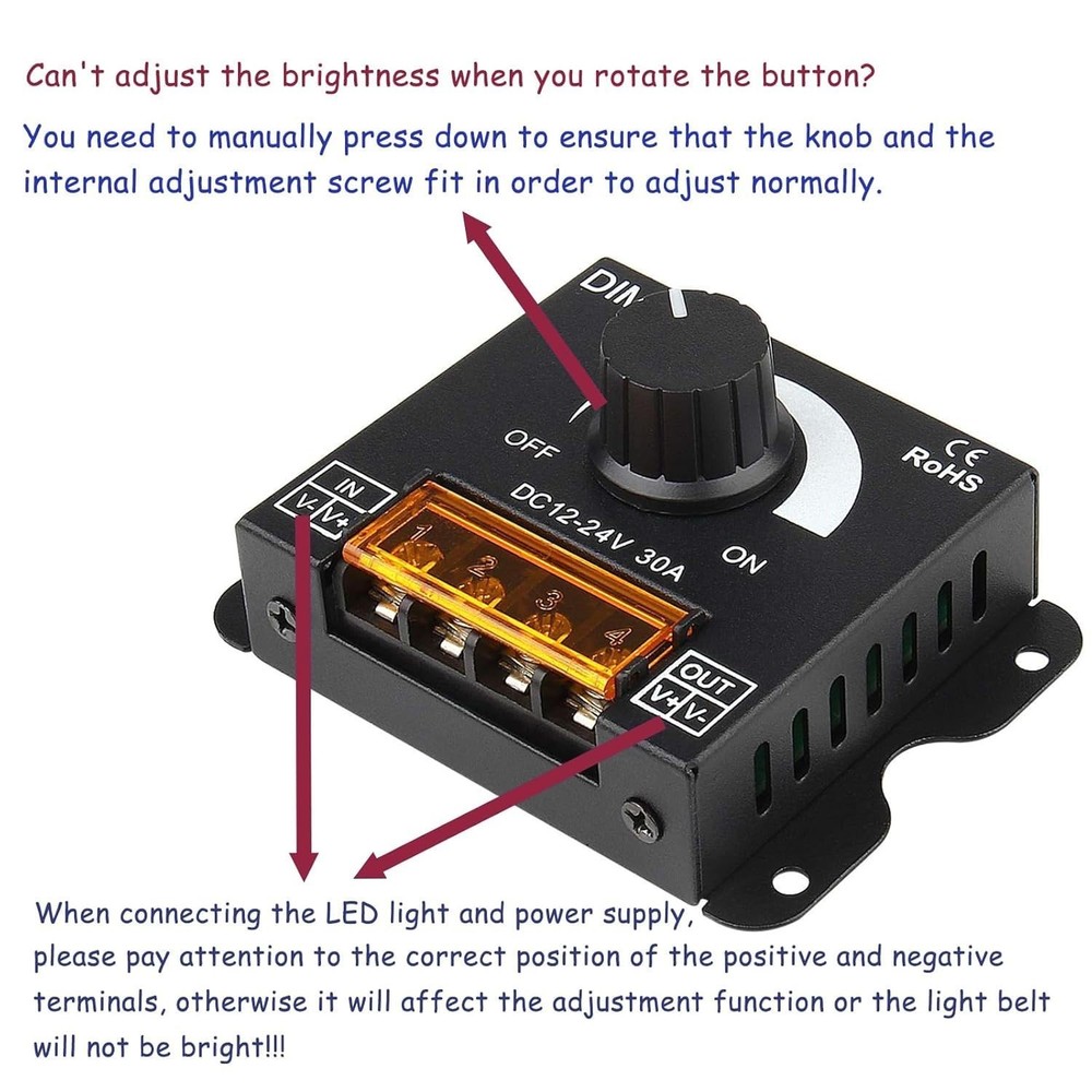 30A PWM Dimming Controller for LED Strips - Adjustable Brightness Knob (2 Pack)