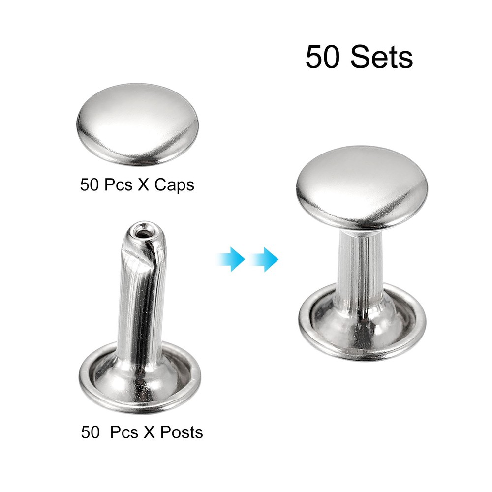 50 Sets Leather Rivets, 8mm Double Cap Rivets 12mm Height Studs, Silver Tone