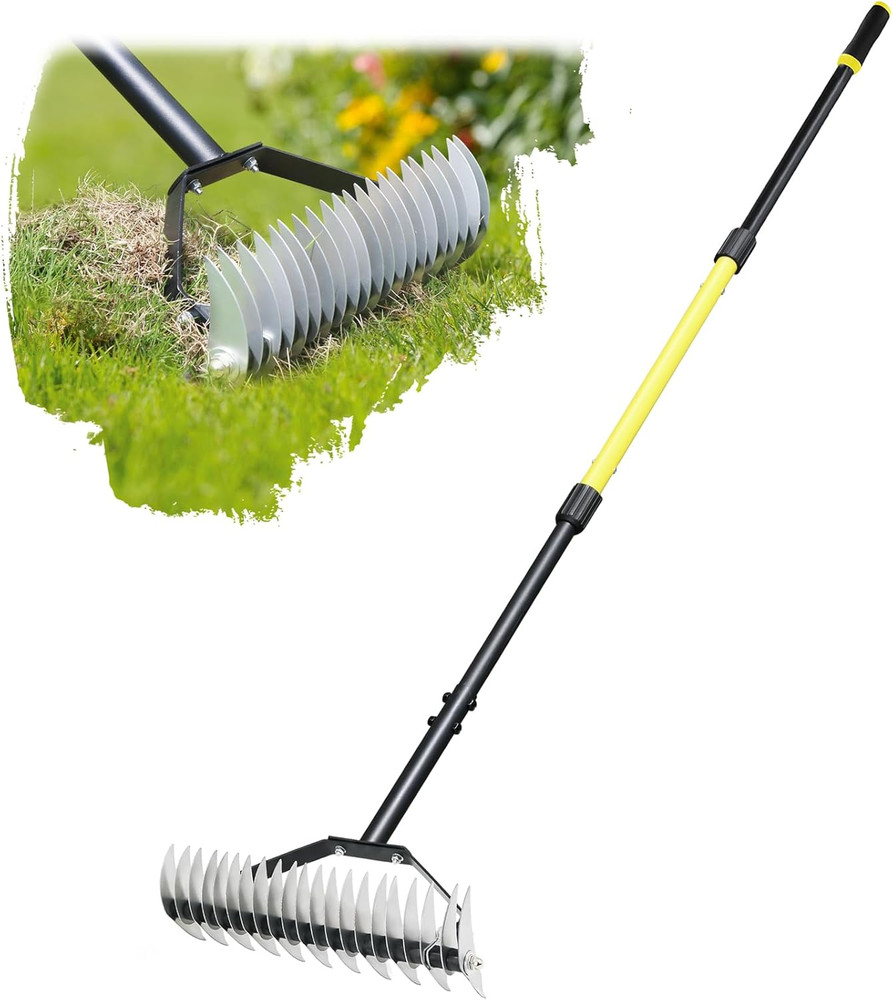 Thatch Rake for Lawns, 61.4" Long Handle Manual Dethatcher with Adjustable Head,