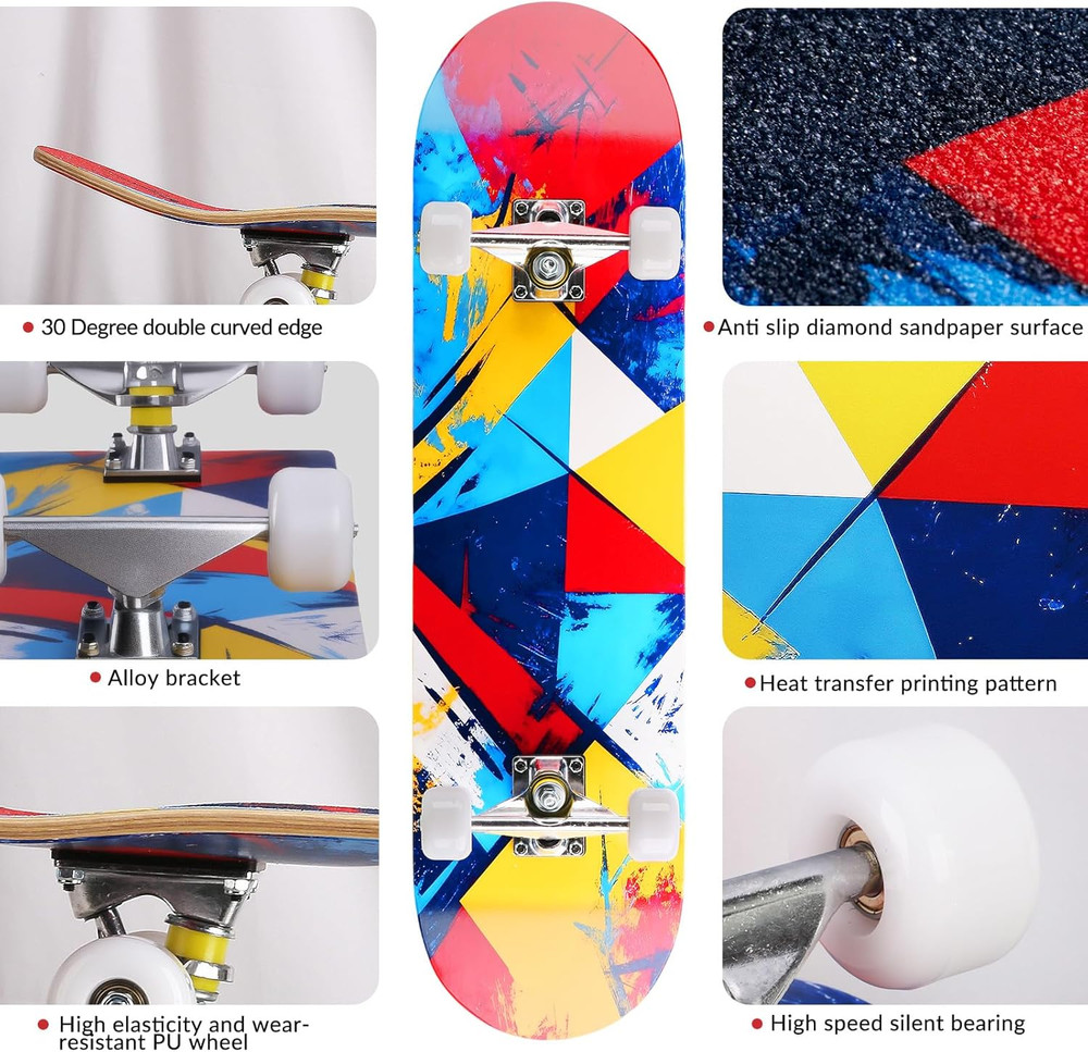 Professional Double Kick Skateboard, 31 Inch Maple Deck, ABEC-9 Bearings, 95A PU