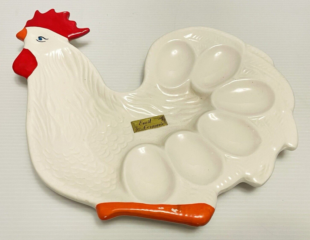 Emil Ceramic Rooster shaped egg holder serving ceramic plate.