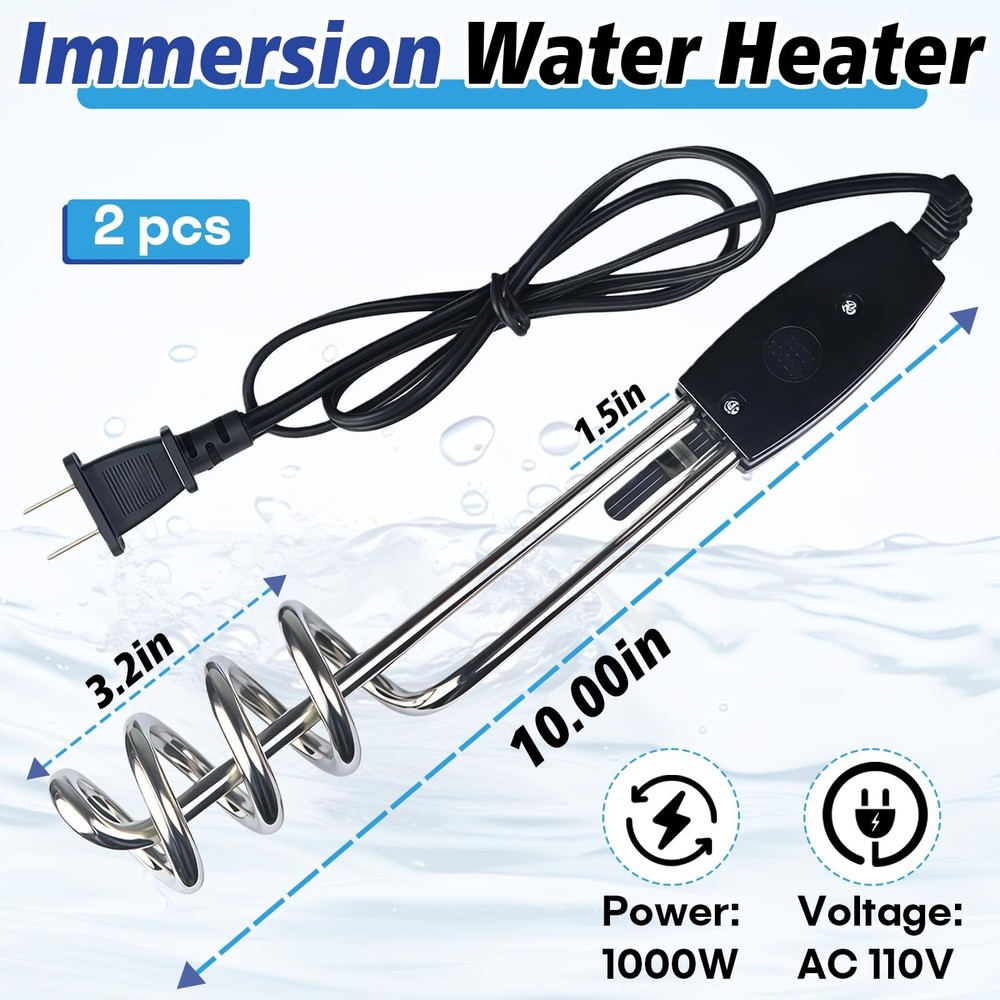 2 Pack 1000W Immersion Water Heater - 110V 10 Inch Submersible Heating Coil f...