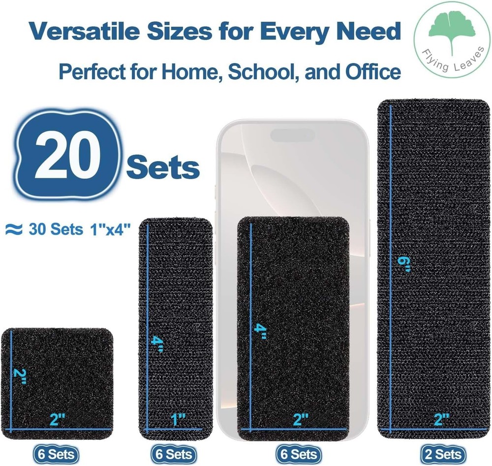 20-Pack Heavy-Duty Adhesive Hook and Loop Strips - Strong Double-Sided Fasteners