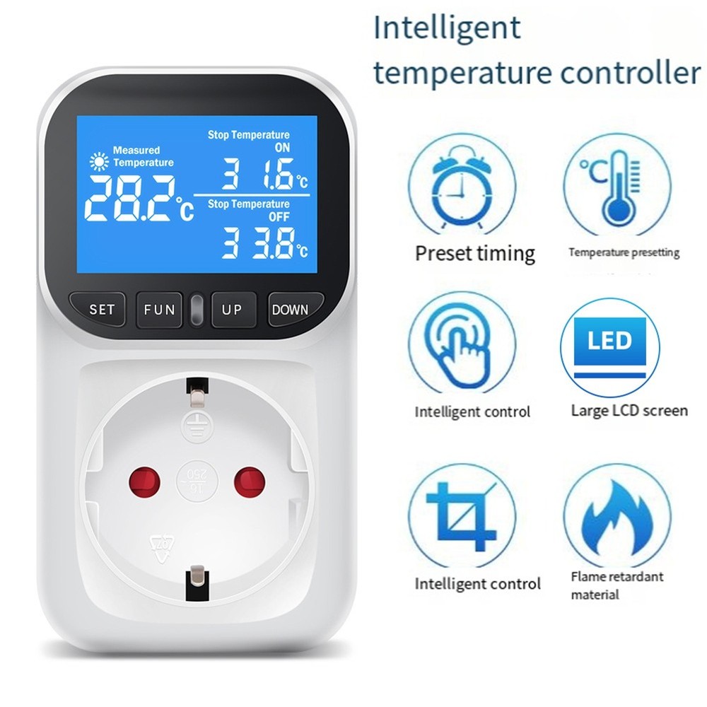Digital Temperature Controller Socket Thermostat with Sensor Probe Heating Cooling4229