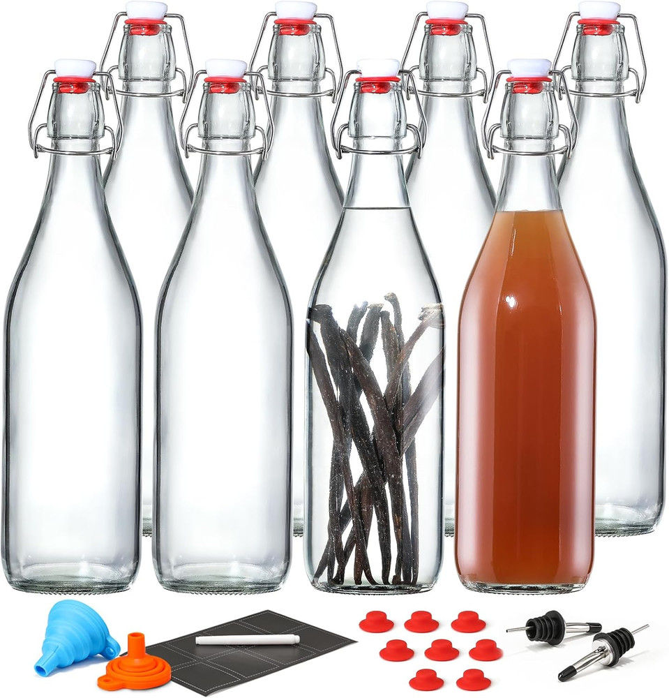 8 Pack [1 Liter / 33 Fl. Oz.] Swing Top Glass Bottles W/ Airtight Stopper Lids –