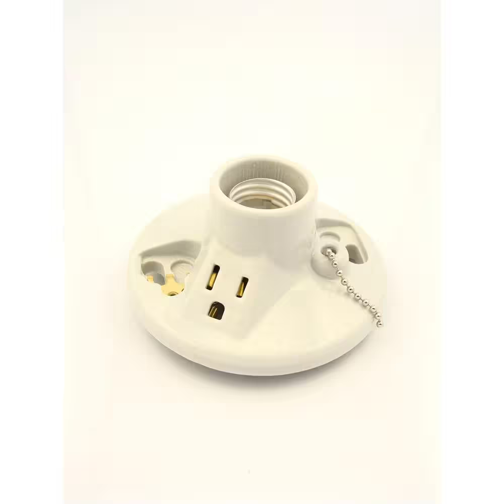 Glazed Porcelain Lamp Holder with Pull Chain and Outlet - Convenient Lighting