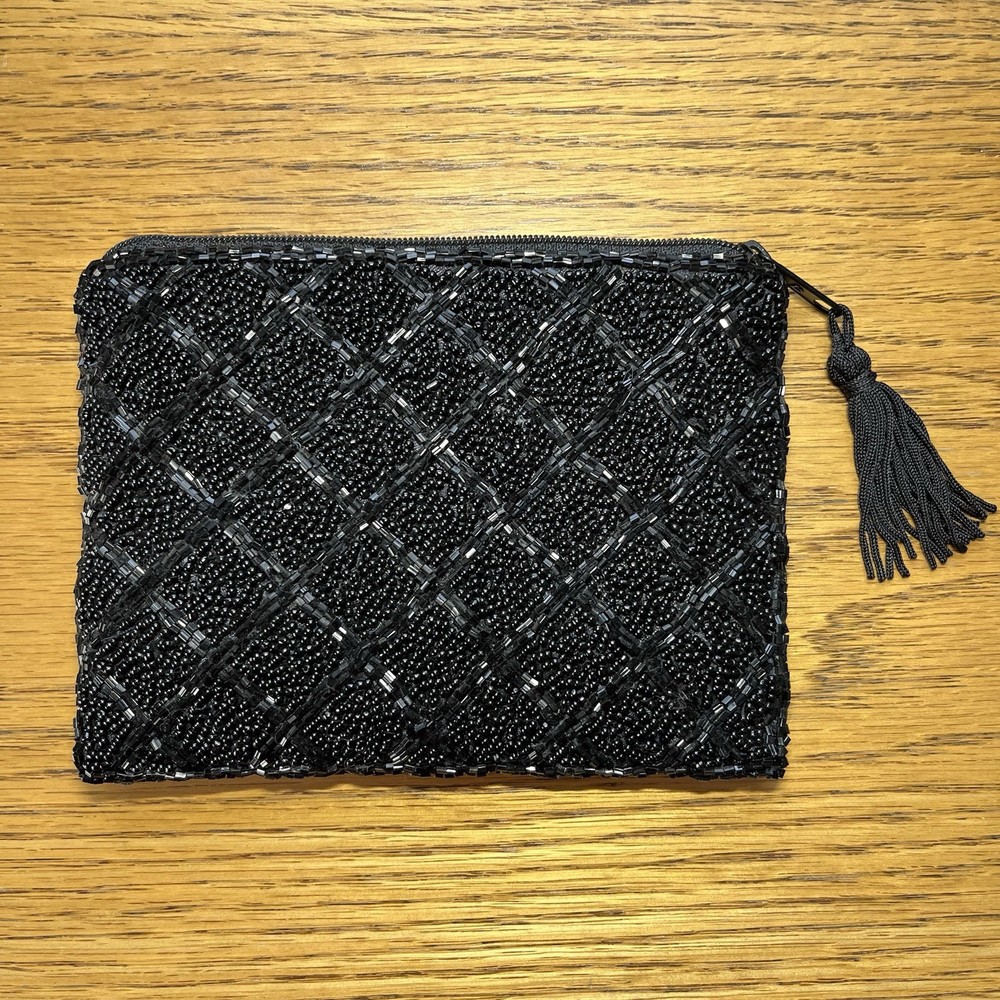 LANCOME Black Beaded Sequin Zippered Makeup Pouch Clutch Bag