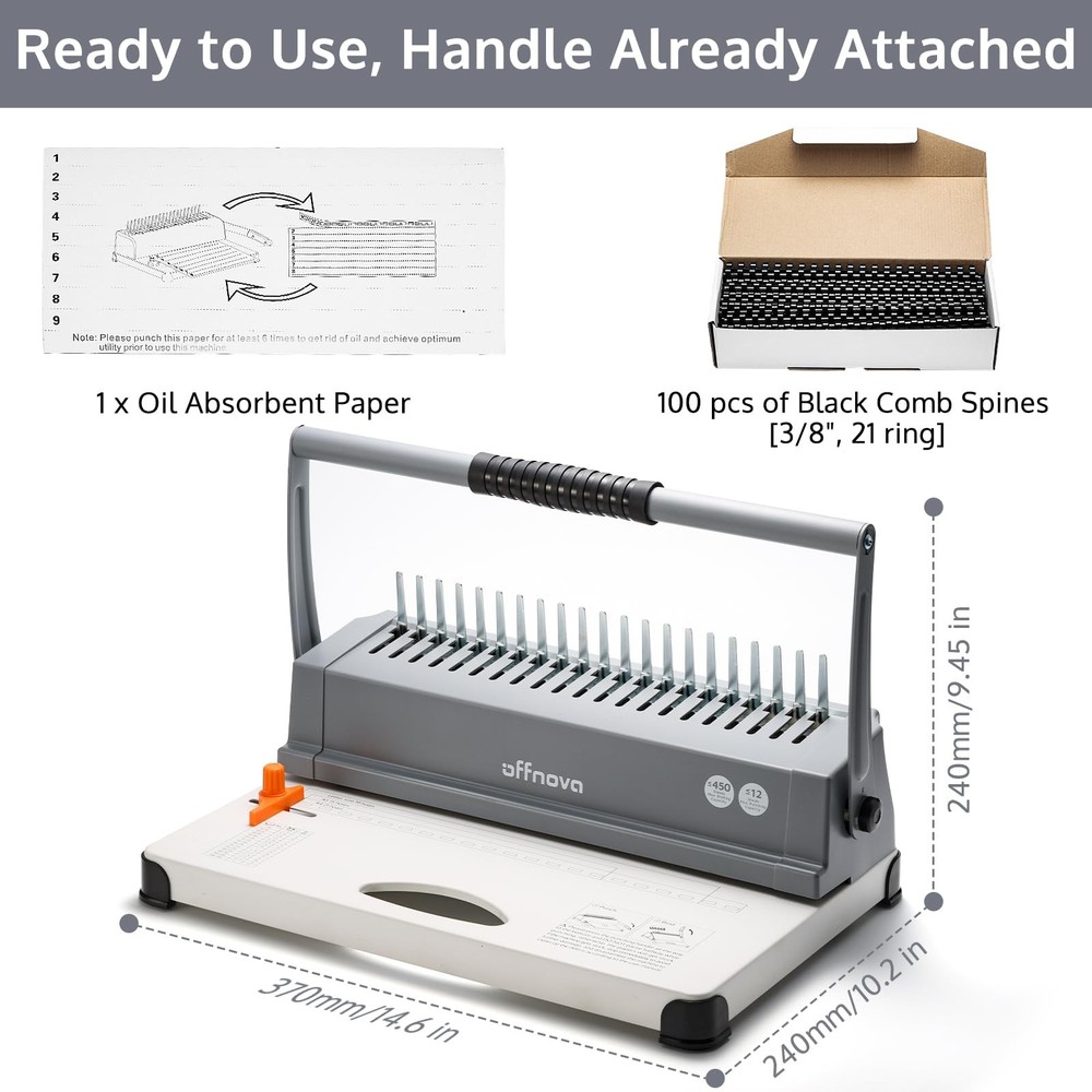 Binding Machine, 21-Hole 450 Sheets Paper Comb Binding Machine for Letter Siz...