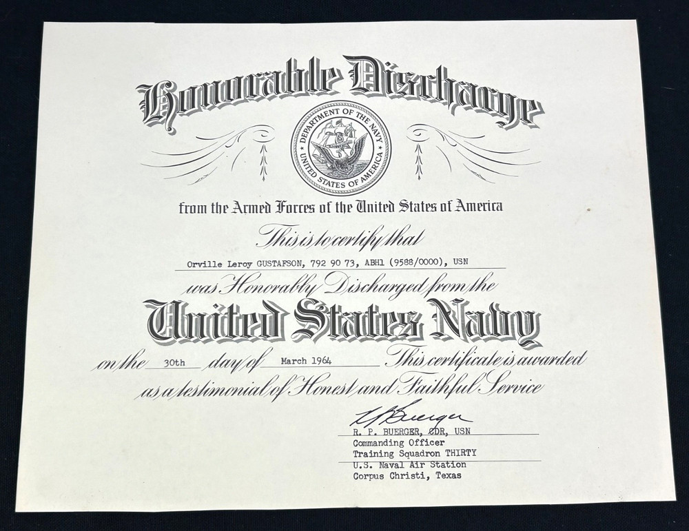 1964 US Navy Honorable Discharge Certificate