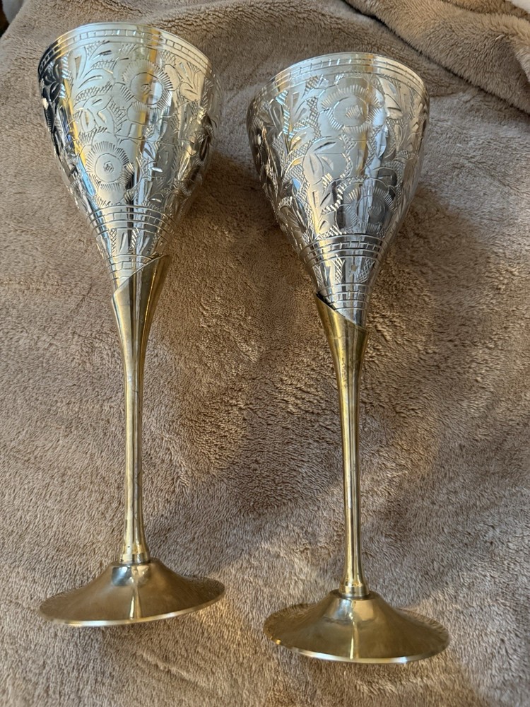 Etched Silver Plated With Brass Handle goblets
