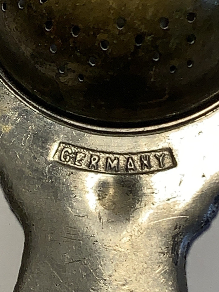 Antique German Figural Tea Strainer Silverplate “Germany” Ornate Handle