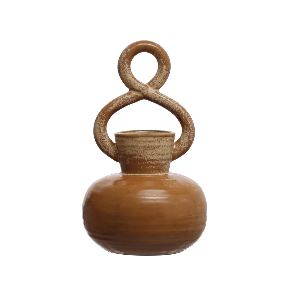 Round Decorative Stoneware Vase with Twisted Handle Reactive Glaze Brown