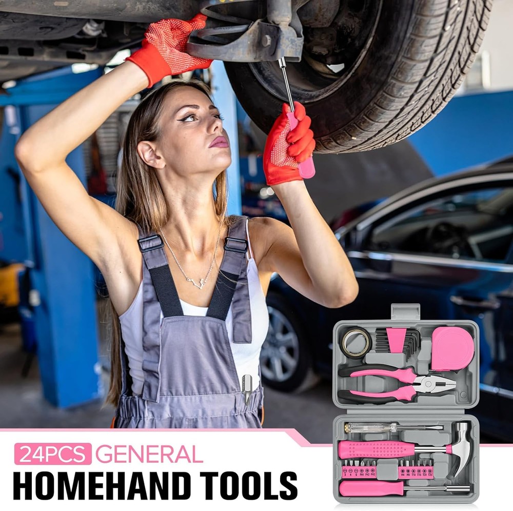 25PCS Pink Household DIY Tool Kit, Small Mini Tool Box Set of Starter Basic Tool