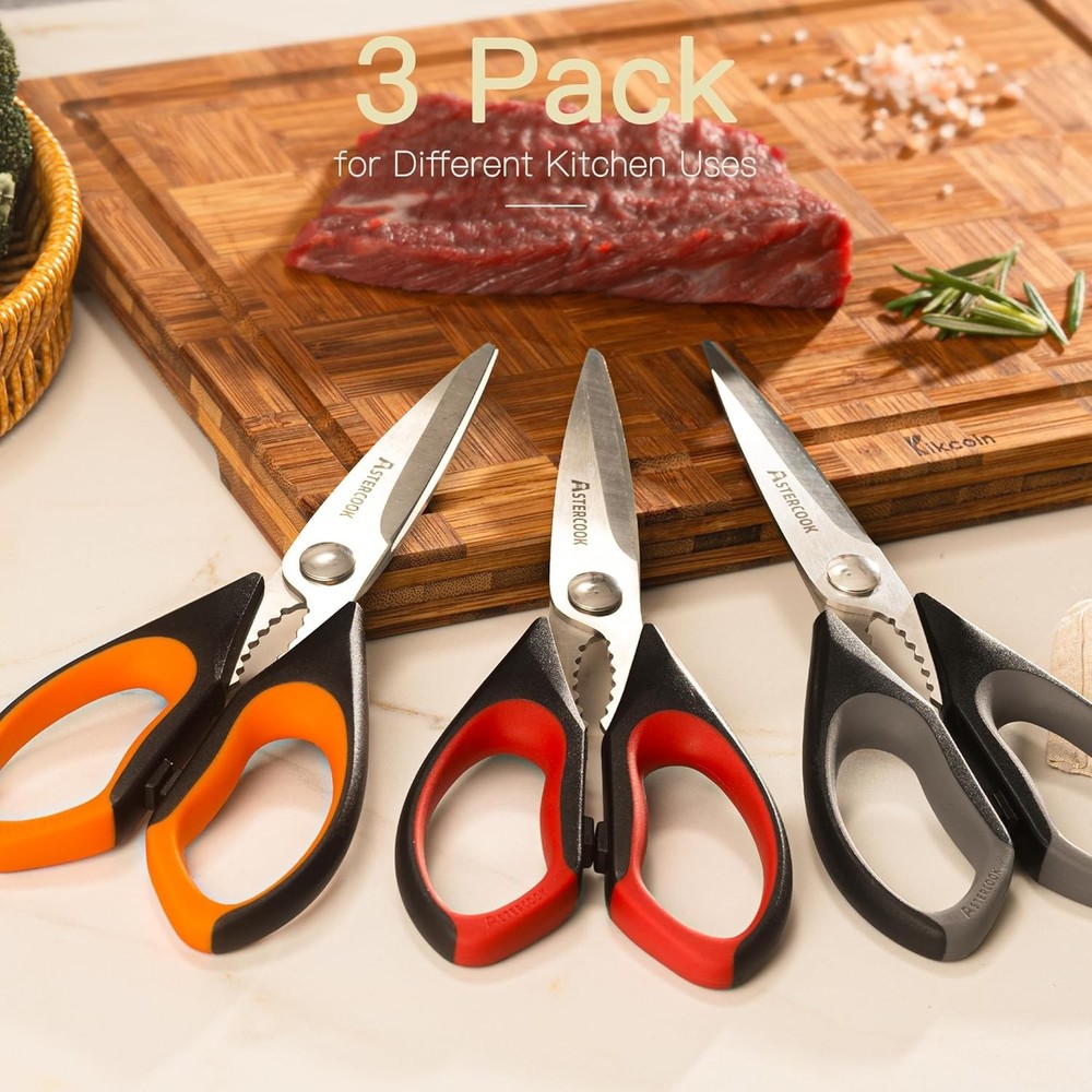Serrated Edge Kitchen Scissors: 3 Pack with Ergonomic Design for Effortless Use