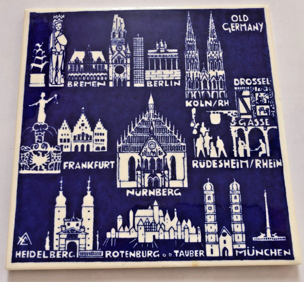 Alfred Evers Blue Ceramic Art Tile  Old Germany Towns, unique