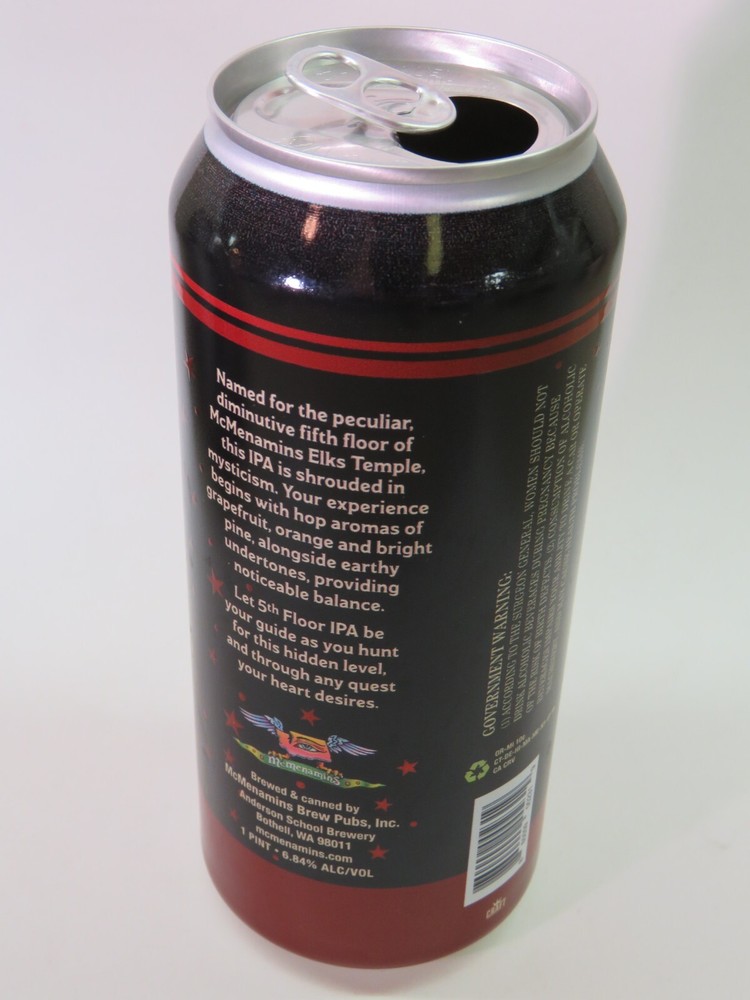 Craft BEER Empty Can ~ McMENAMINS Brewing 5th Floor IPA ~ Tacoma, WASHINGTON