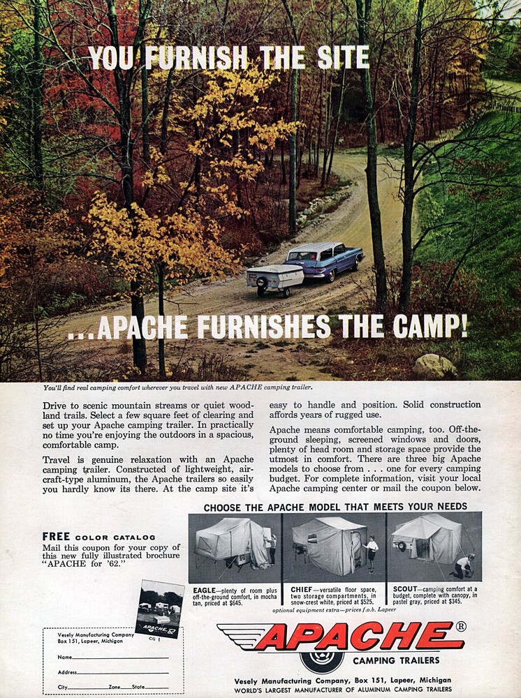 1963 Apache Eagle Camp Trailer Camping Original Color Print Ad