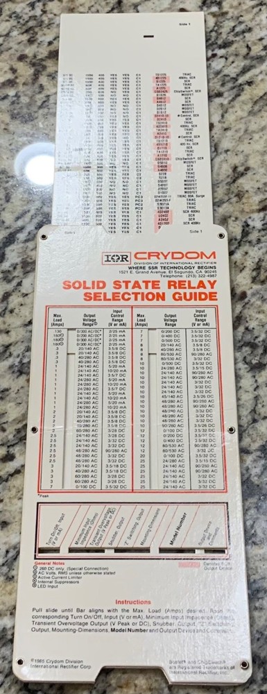 1985 Crydom Solid State Relay Selection Guide AC/DC Rectifier Vintage Slide Rule