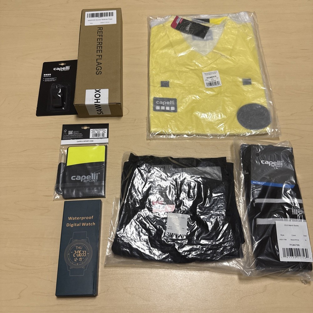 Soccer Ref Kit 7 Pcs Shirt Jersey Referee Uni Flags Whistle Socks Notebook Watch