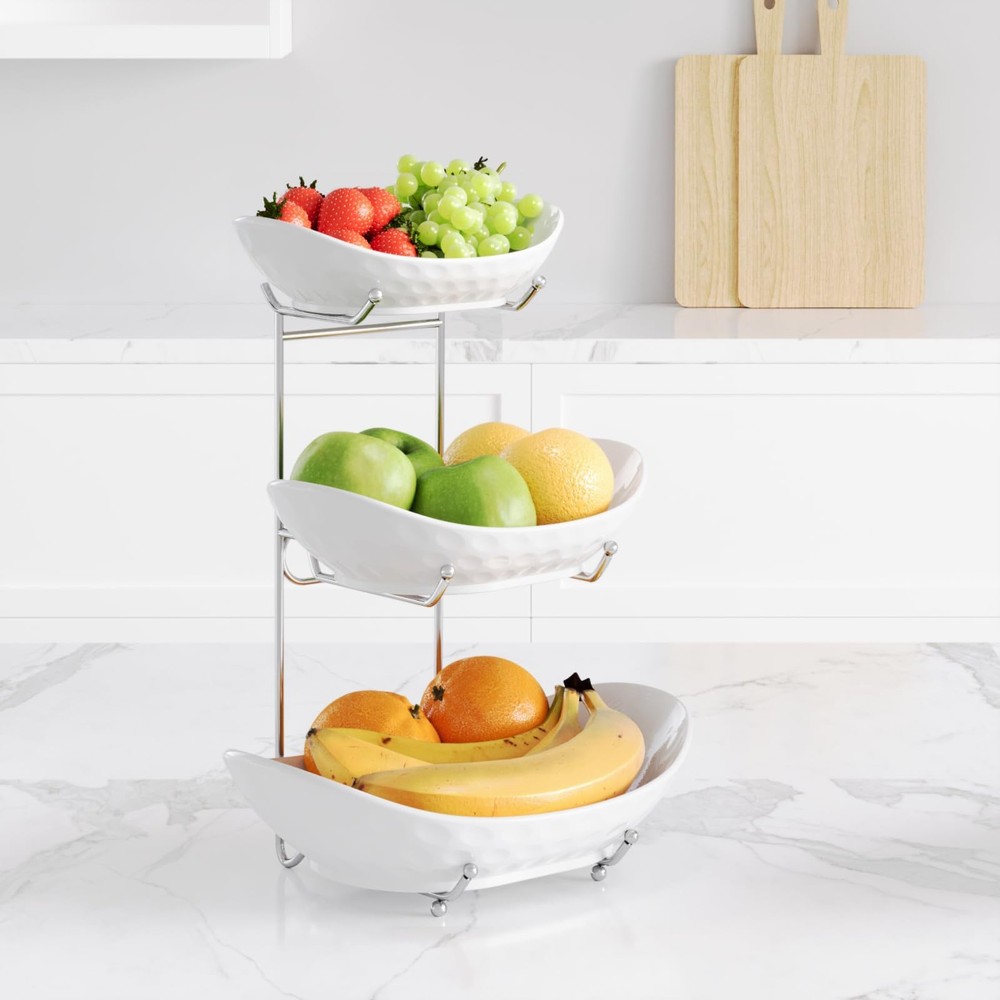 Fruit Bowl, 3 Tier Ceramic Fruit Basket, 3 Tier Serving Stand Serving Bowl wi...