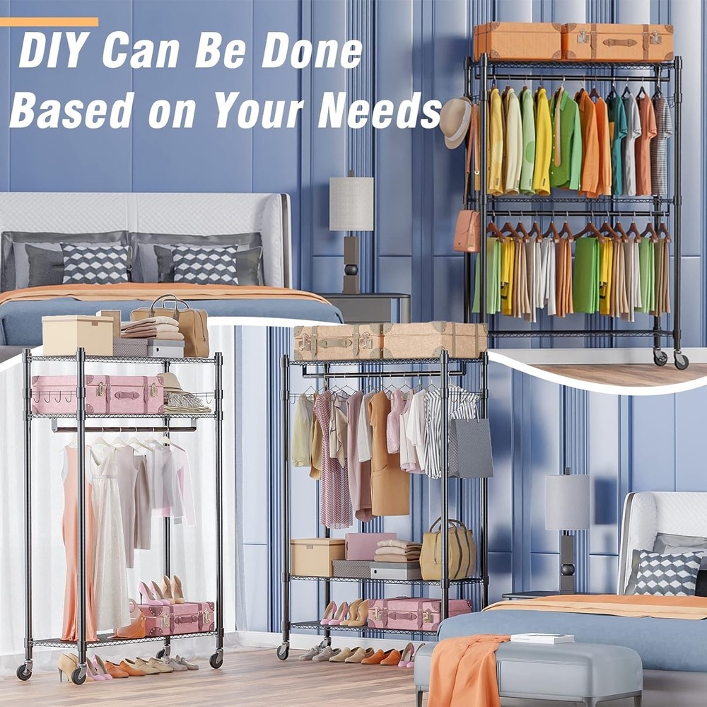 Rolling Clothes Rack Heavy Duty, 3-Tier Adjustable Wire Shelf Garment Organizer~