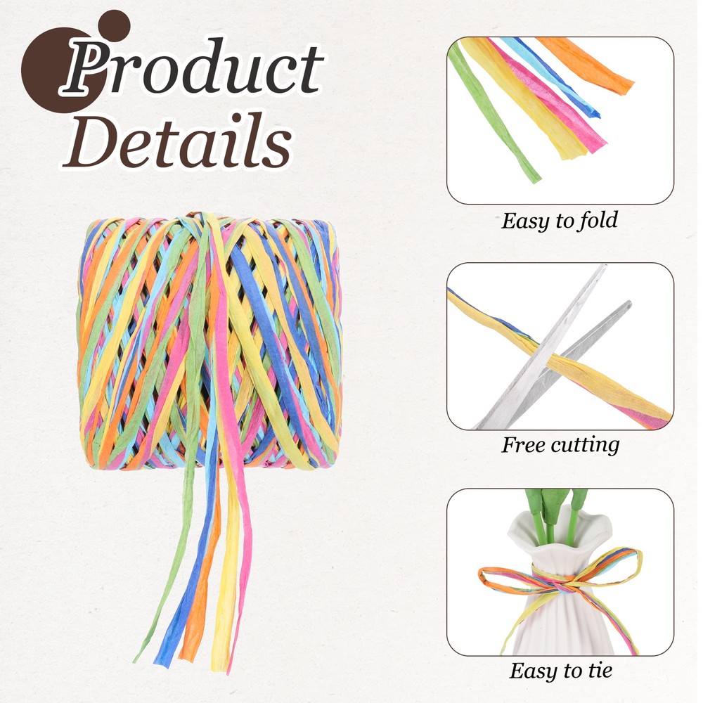 Raffia Ribbon, 87 Yard Natural Raffia Paper String, Yellow, Orange, Blue, Pink