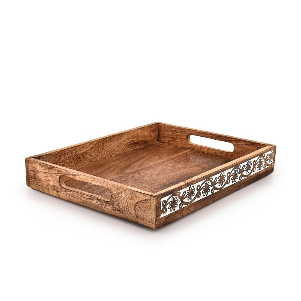 Kaizen Casa Serving Trays Mango Wood Rectangular 14" x 11" x 2", Brown