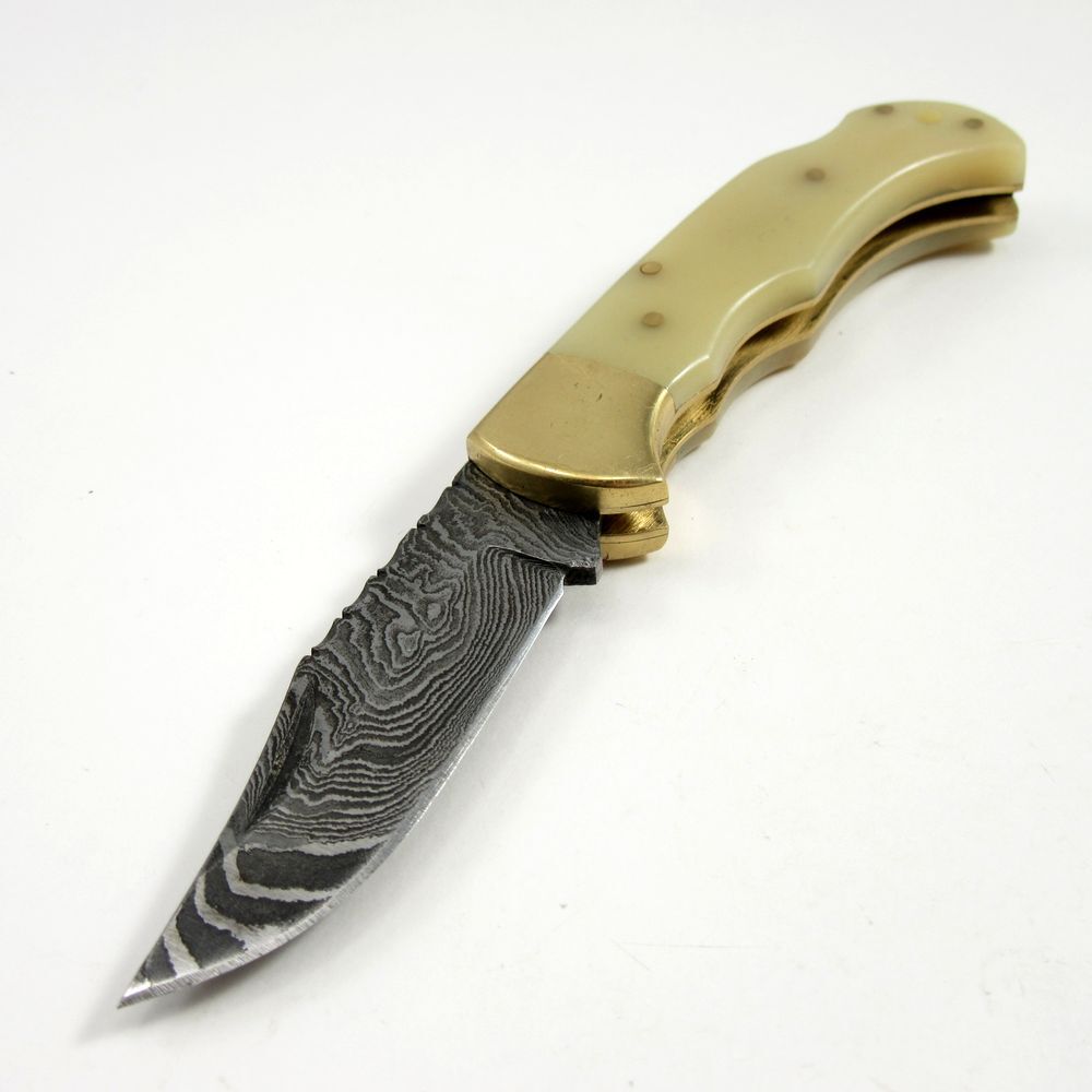 FOLDING POCKET KNIFE | Damascus Steel Blade Filework Spine Bone Handle Lockback